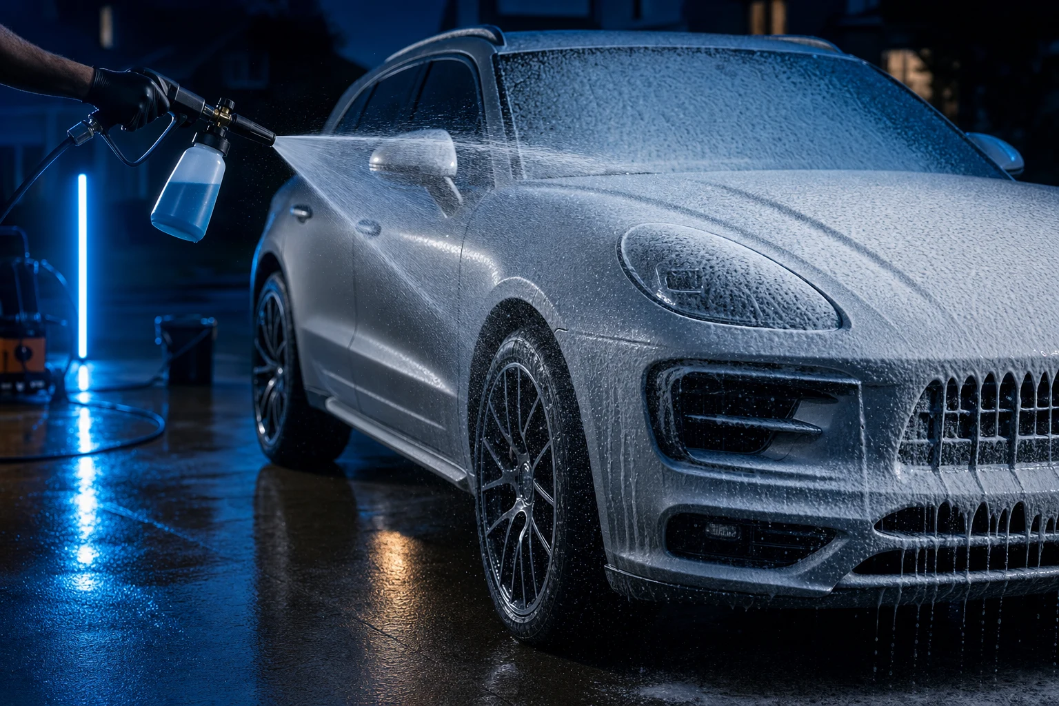 Foam hand wash on a silver vehicle